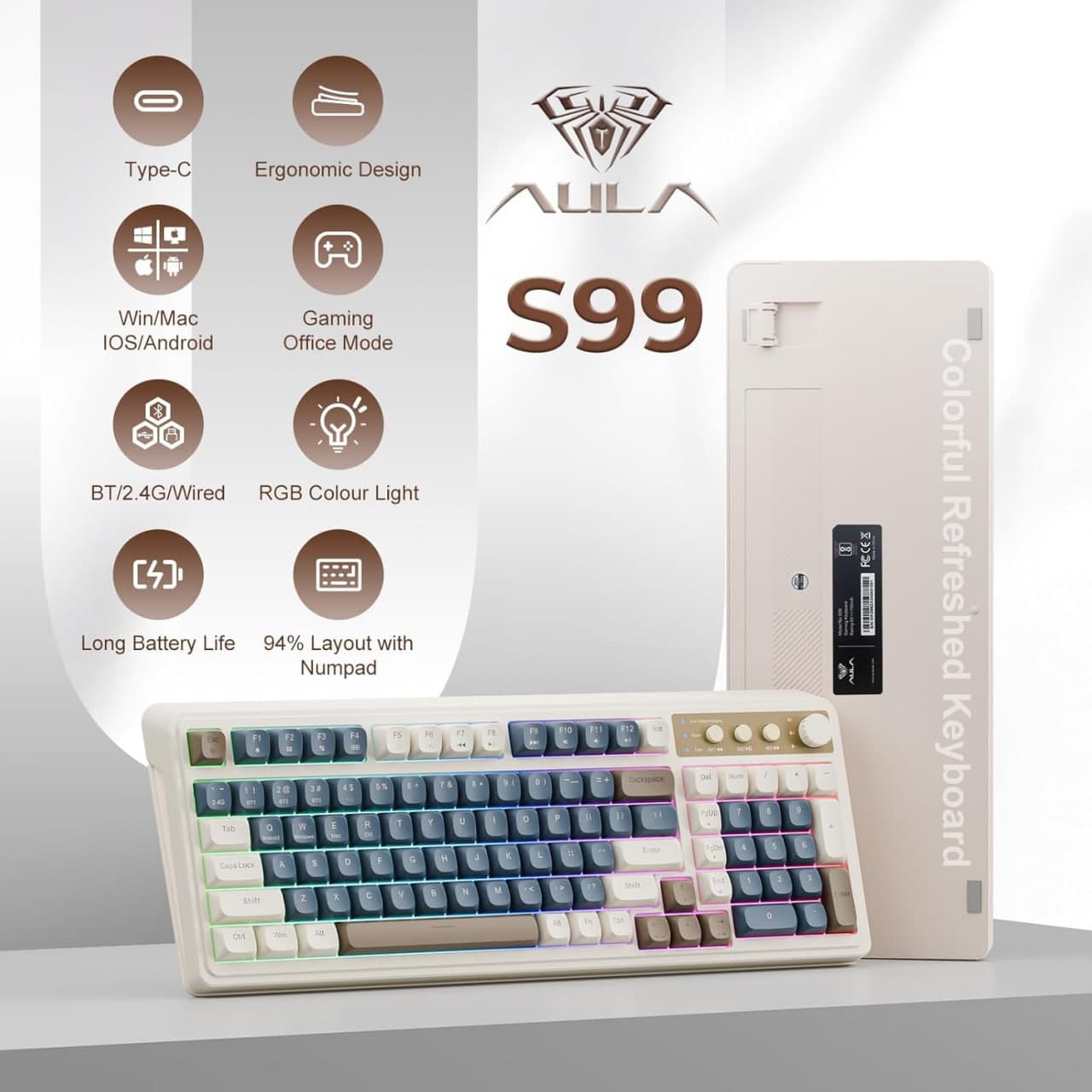 AULA S99 Keys Gaming Keyboard, Tri-Mode Bluetooth/2.4GHz/USB-C Retro Creamy Color Keyboard  5