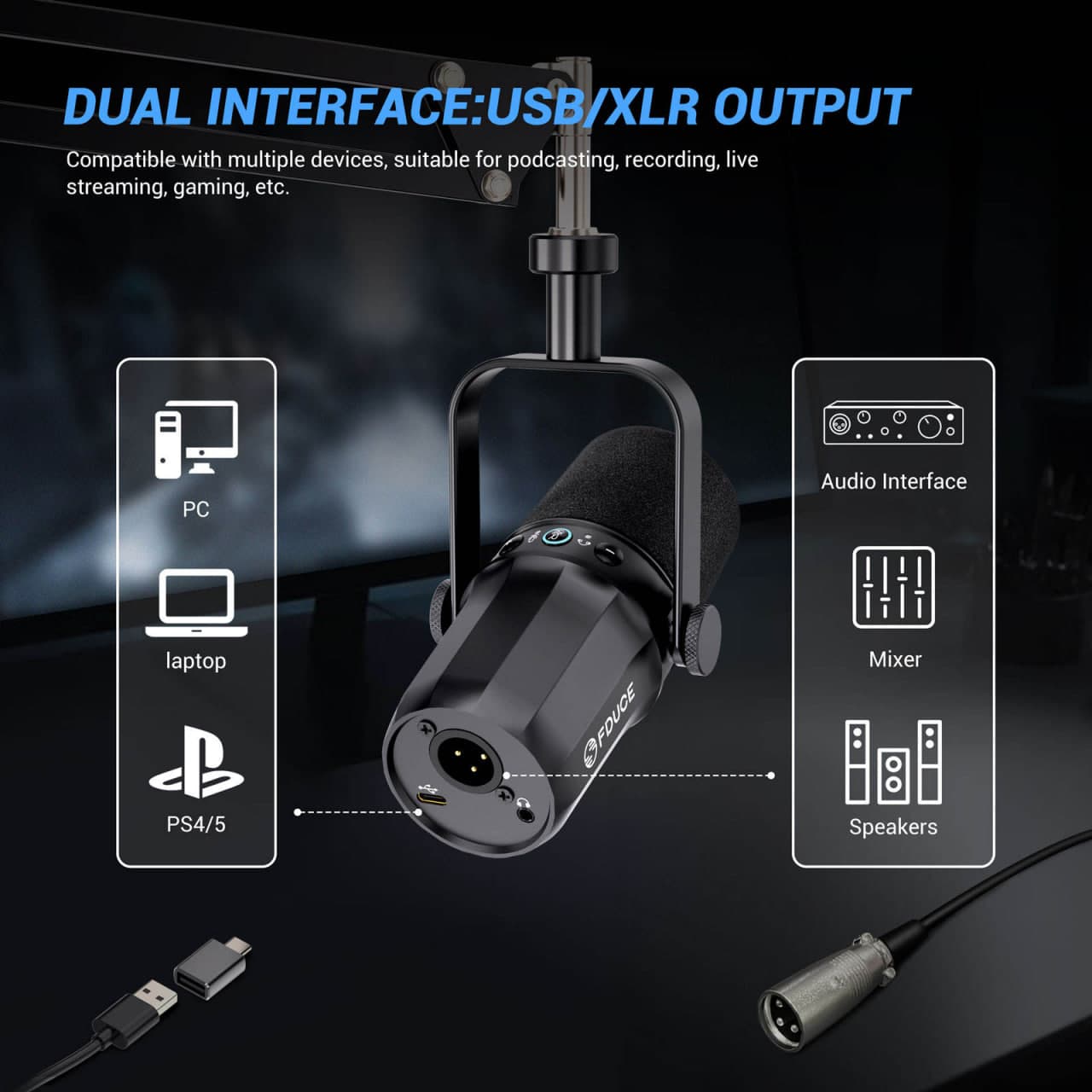 FDUCE SL40+ USB/XLR Dynamic Microphone Kit With Built-in Headset Output / Sound Insulation/Arm Stand,For PC PS5/4 Mixer  9