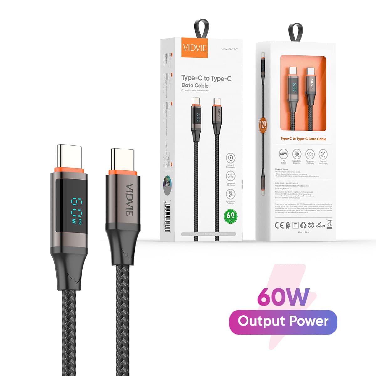 VIDVIE 60W Cable Fast Charging Type-C to Type-c Weaving Data Cable 