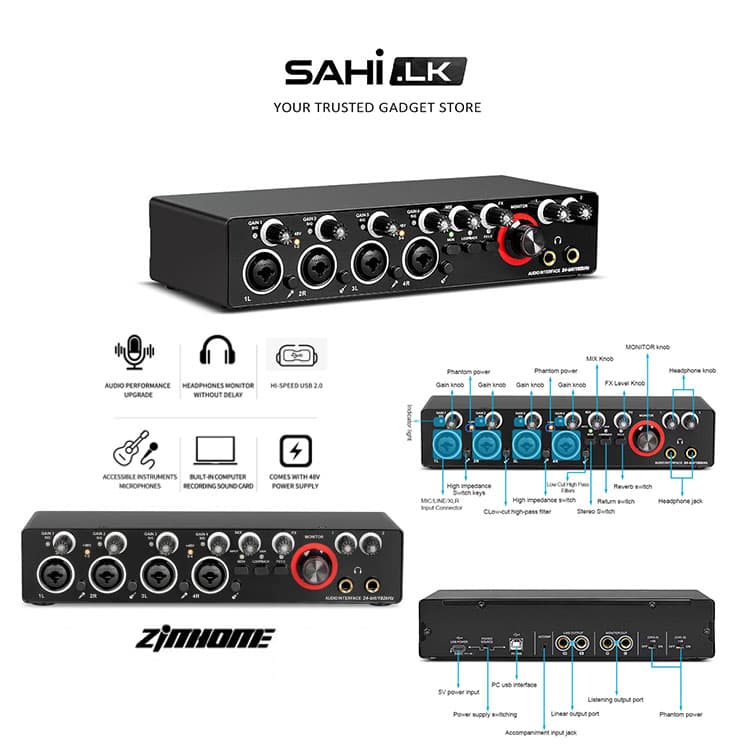 Zimhome ZS22U Black Color Professional Sound Card USB Audio Interface 4 Channel XLR / USB audio , model BKS-D44